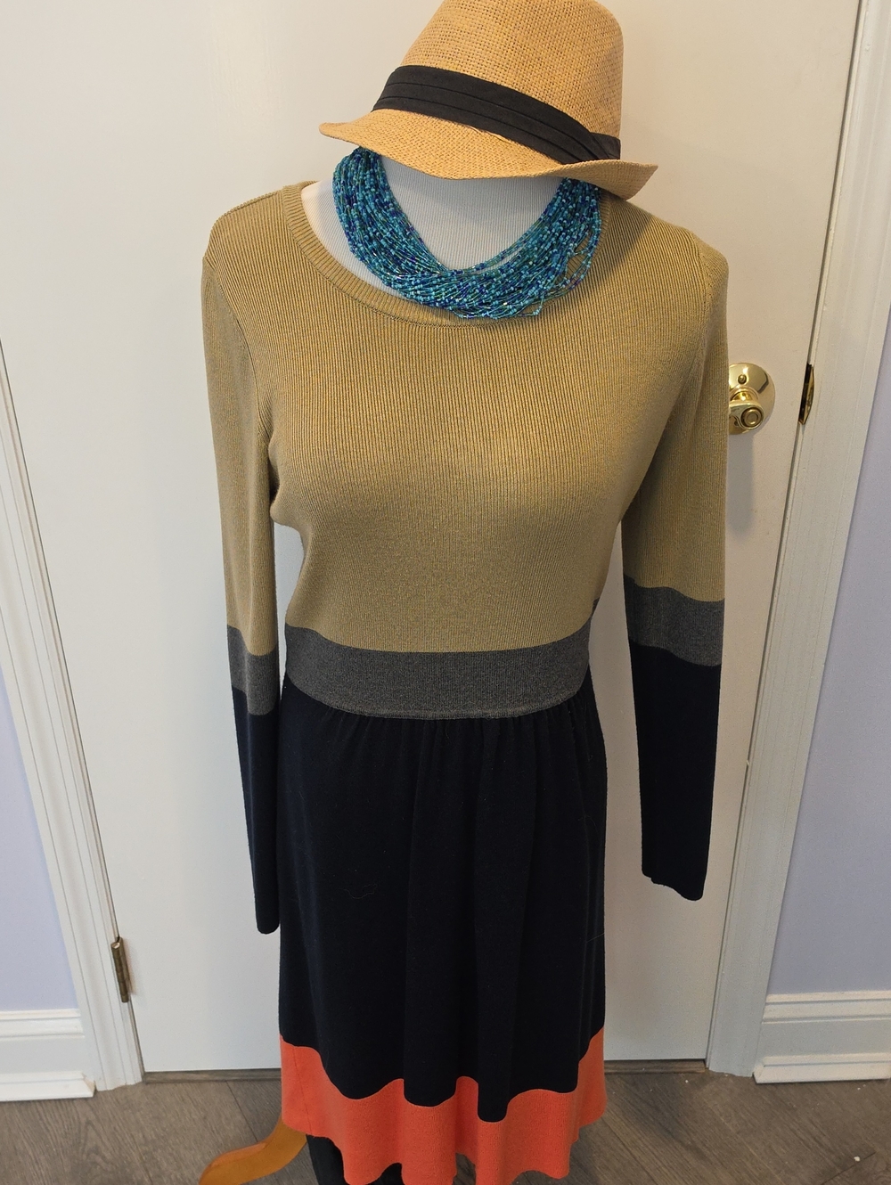 Eliza J Tan, Gray, Blue & Coral Colorblock Long Sleeve Dress